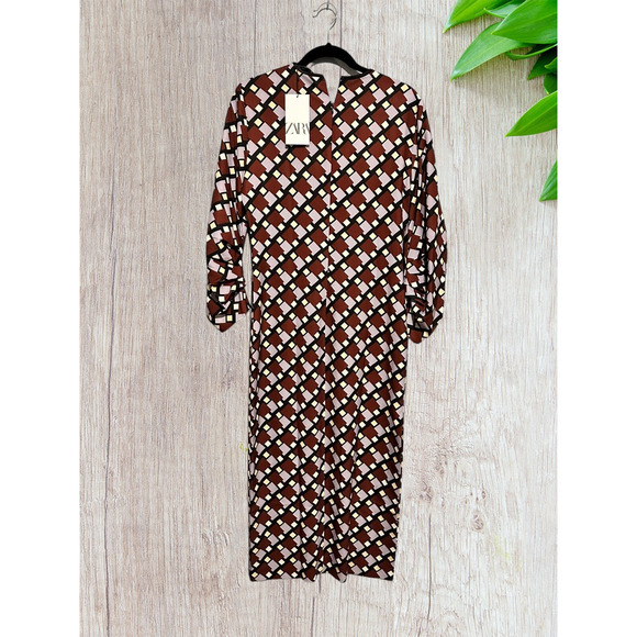 NWT - Zara Geometric Print  Brown, Black Multi Slit Midi Dress Small MSRP $ - Picture 4 of 7